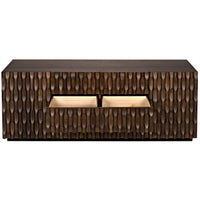Alameda dark walnut sideboard with hand-carved details and two open drawers.