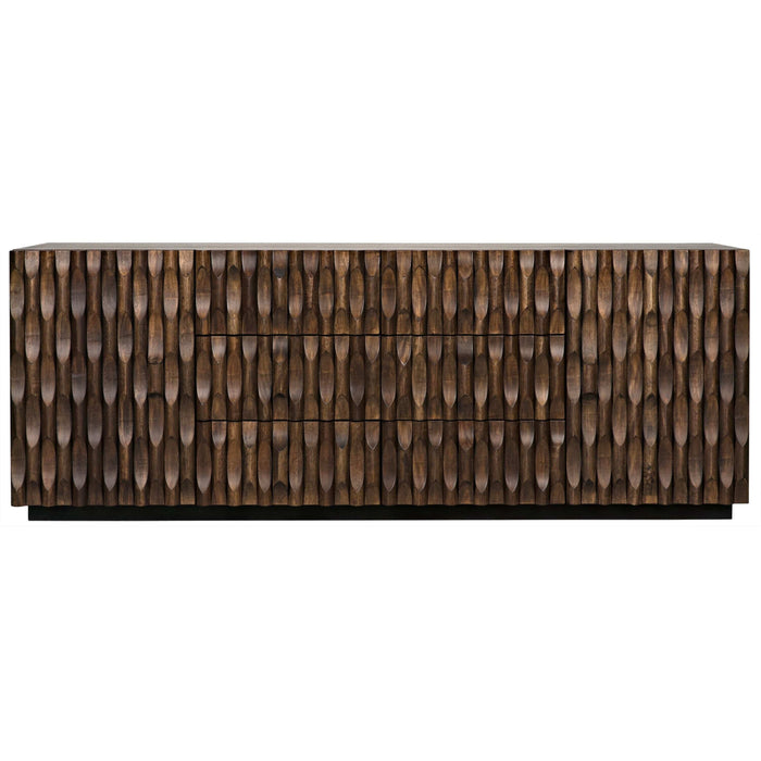 Alameda carved dark walnut sideboard with hand-carved details, three drawers, and spacious cupboards.