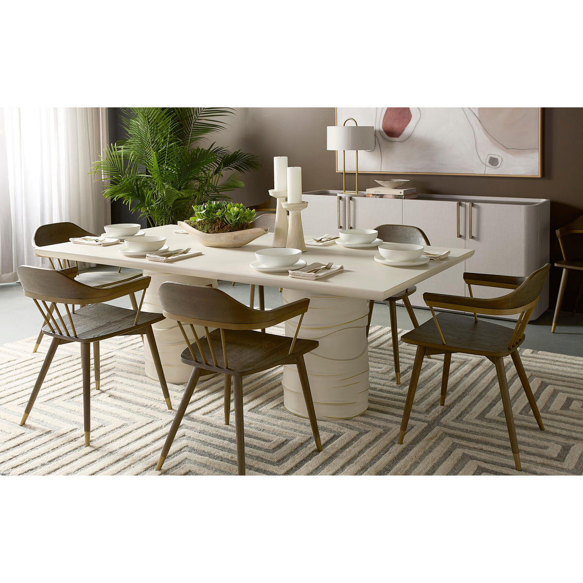 Alanya Cream Pedestal Base Dining Table - Table Side View | Bone & Brass