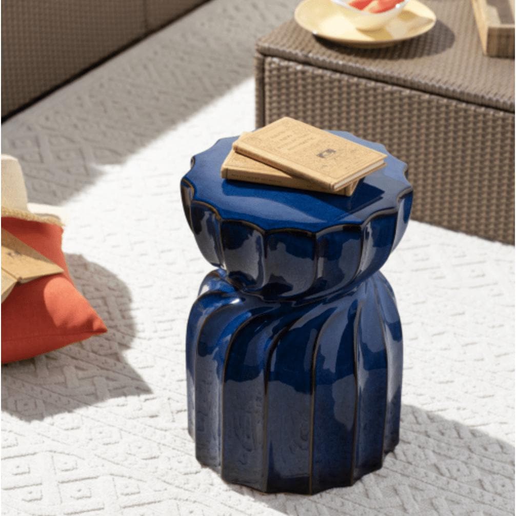 Alexia Blue Ceramic Outdoor Stool - Outdoor Chair Side View | Bone & Brass