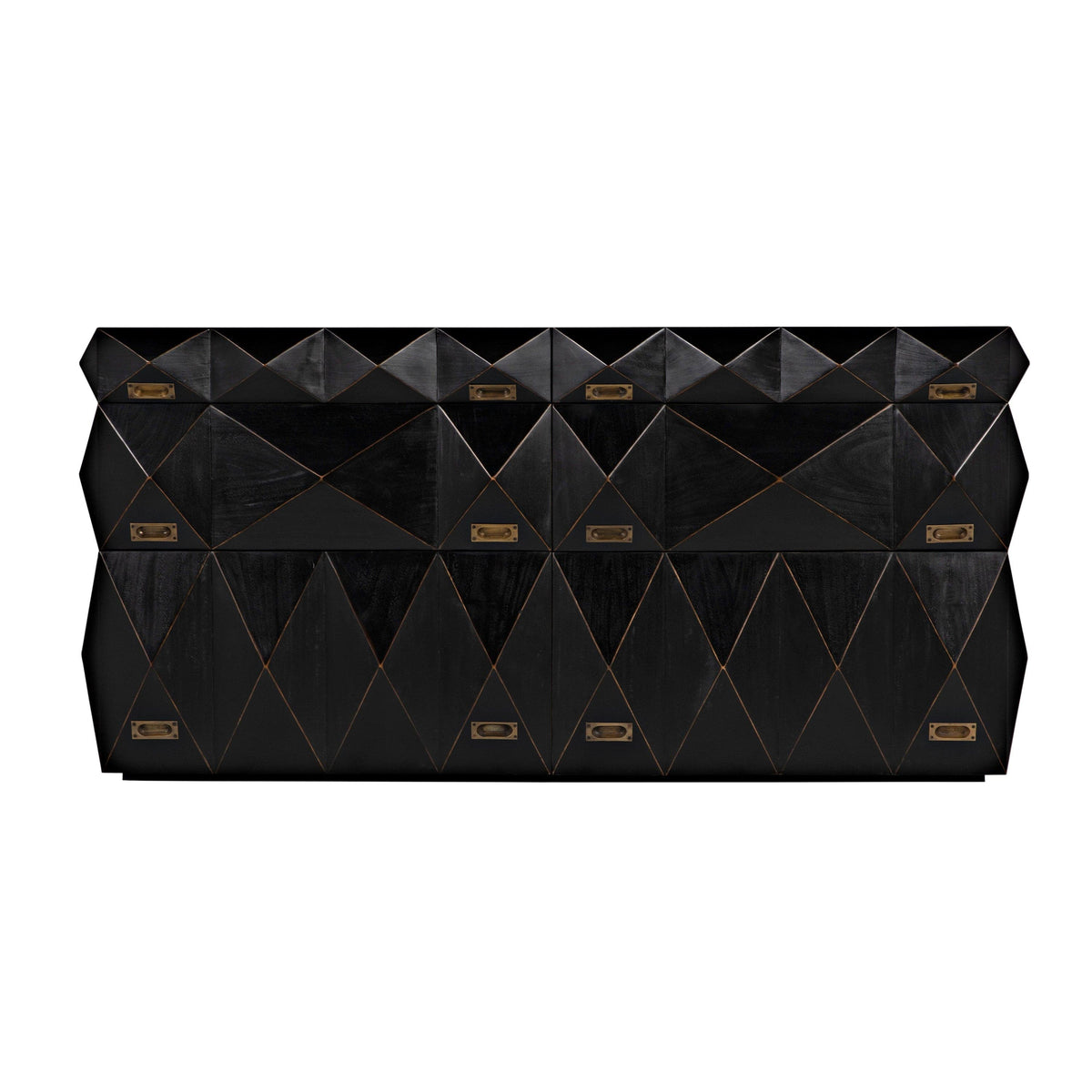 Allegra dresser: hand-rubbed black mahogany with faceted geometric drawer fronts and antique brass pulls.