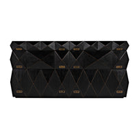 Allegra dresser: hand-rubbed black mahogany with faceted geometric drawer fronts and antique brass pulls.