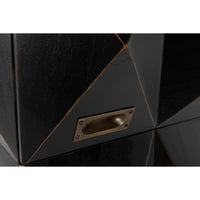 Allegra dresser, hand-rubbed black finish, faceted drawer fronts, antique brass pull.