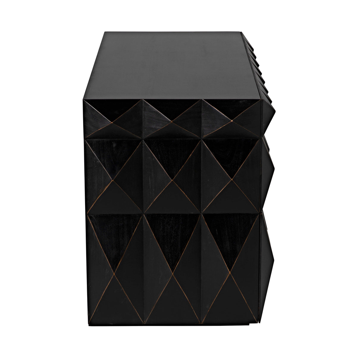 Allegra dresser, hand-rubbed black finish, faceted geometric drawer fronts, warm mahogany tones.
