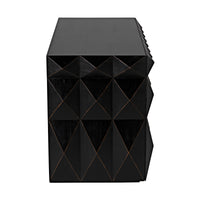 Allegra dresser, hand-rubbed black finish, faceted geometric drawer fronts, warm mahogany tones.