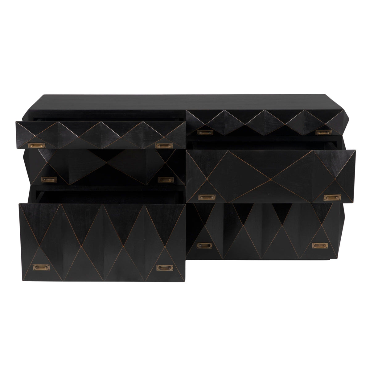 Allegra hand-rubbed black dresser with six faceted drawers, antique brass pulls, and mahogany tones.
