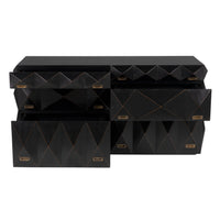 Allegra hand-rubbed black dresser with six faceted drawers, antique brass pulls, and mahogany tones.
