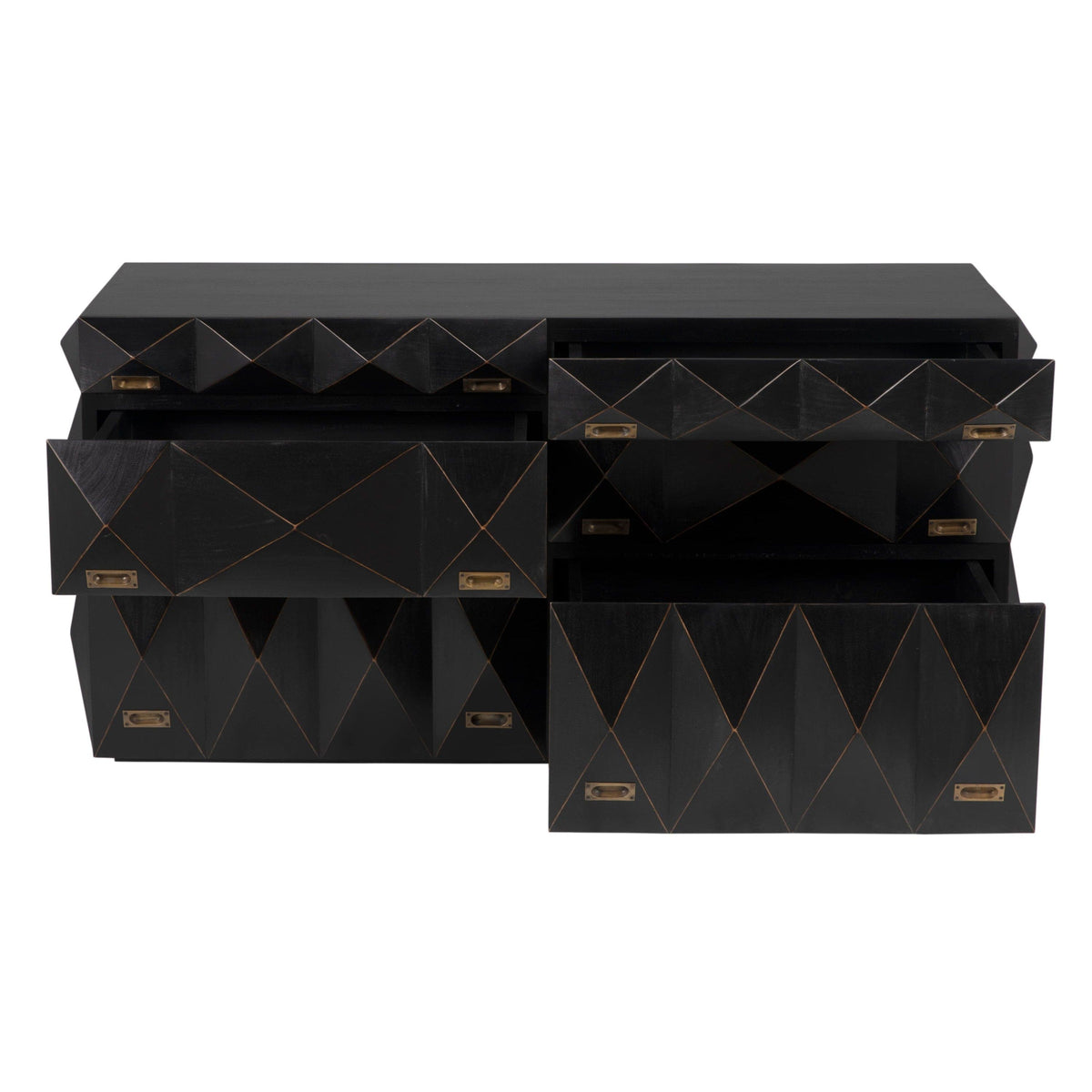 Allegra dresser, hand-rubbed black mahogany with faceted drawer fronts and antique brass pulls.