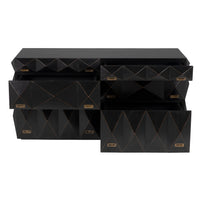 Allegra dresser, hand-rubbed black mahogany with faceted drawer fronts and antique brass pulls.