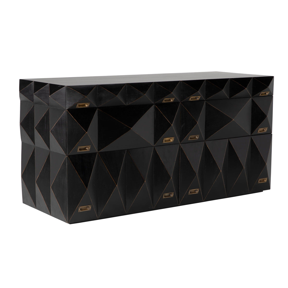Allegra dresser, hand-rubbed black with faceted geometric fronts, six drawers, and antique brass pulls.