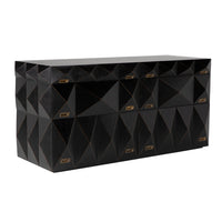 Allegra dresser, hand-rubbed black with faceted geometric fronts, six drawers, and antique brass pulls.