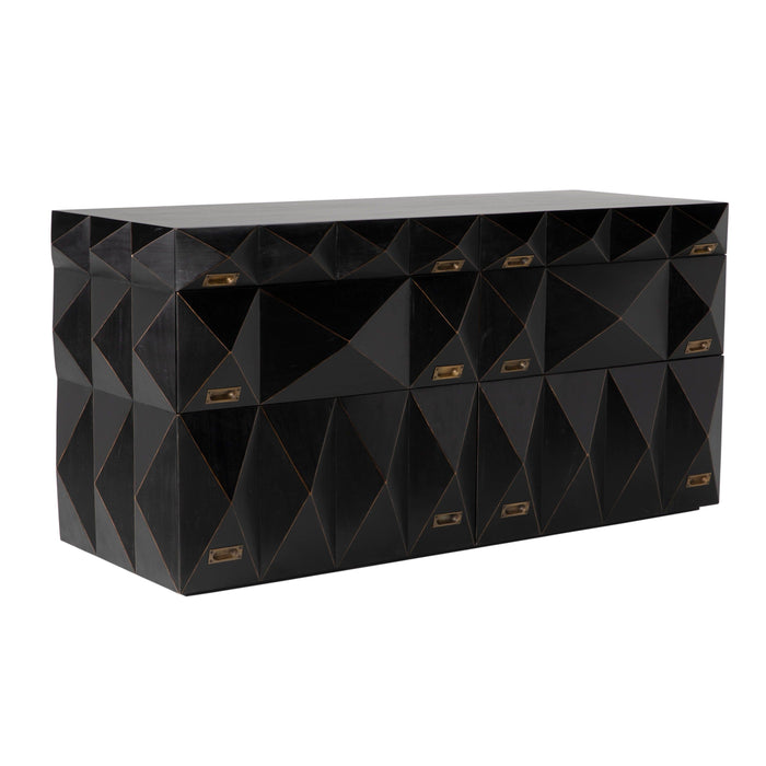 Allegra dresser, hand-rubbed black with faceted geometric fronts, six drawers, and antique brass pulls.