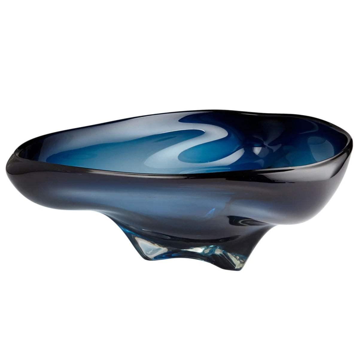 Large cobalt blue glass decorative bowl with elegant, abstract curves.