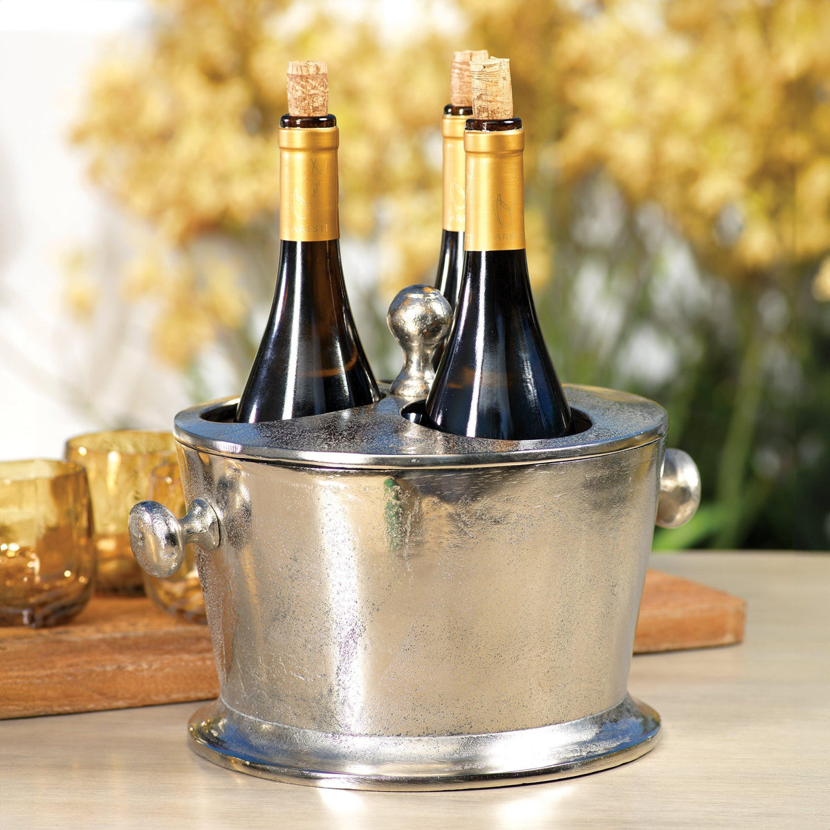 Alloy 3-Bottle Nickel Wine Bottle Holder - Detail View | Bone & Brass