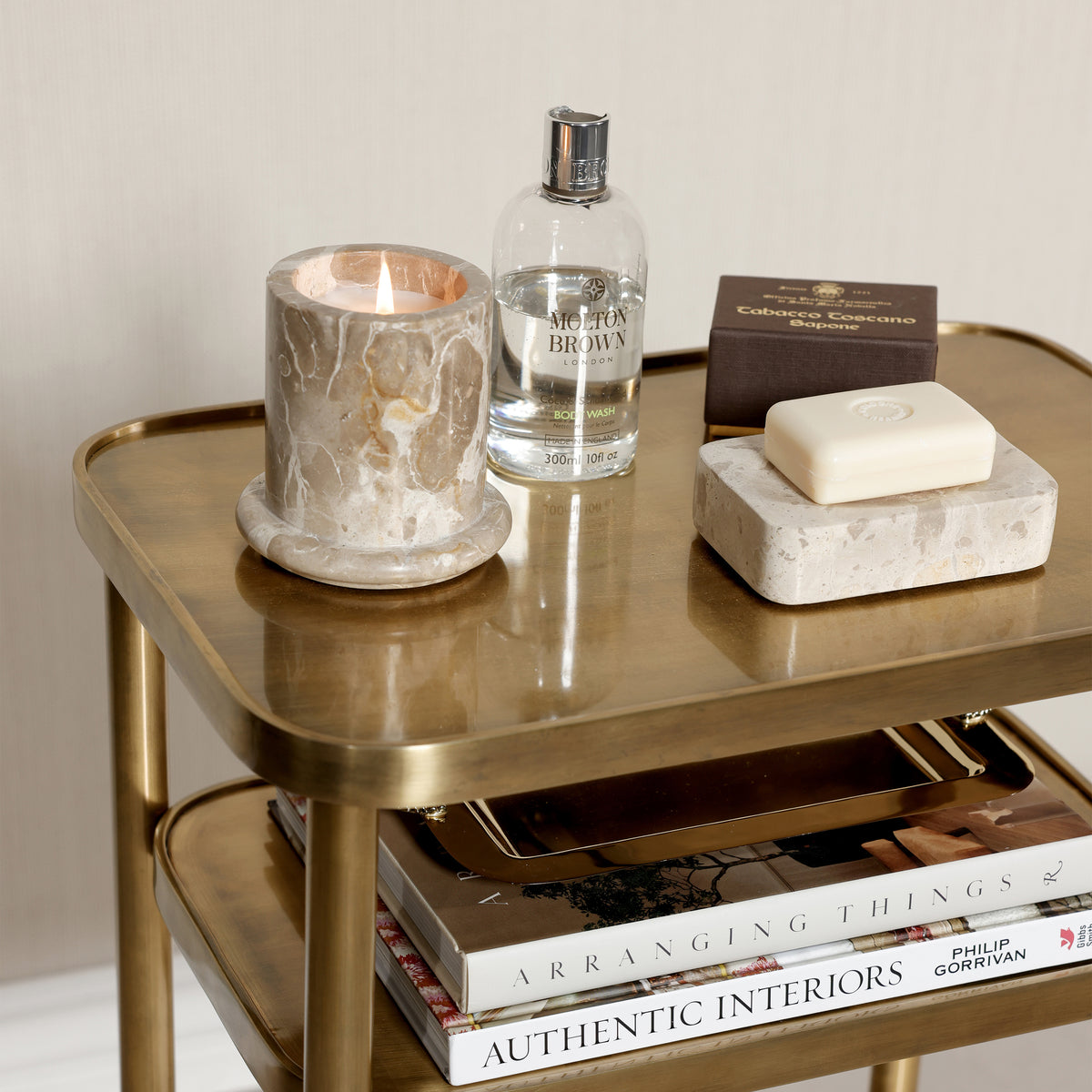 Aman Vintage Brass Bar Cart - Bar Cart Shelf Detail | Bone & Brass