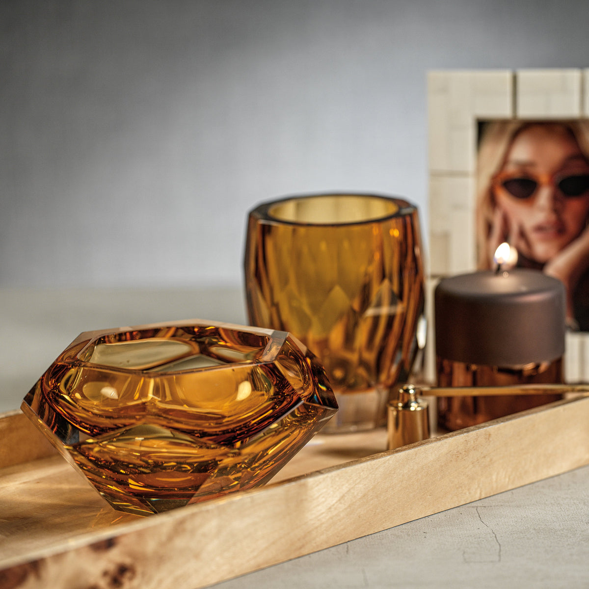 Amber Hand Made Cut Polished Glass Vase/Hurricane - Vase Detail | Bone & Brass