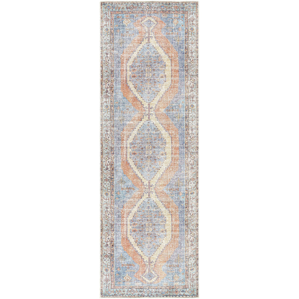 Amelie Blue & Coral Chenille Washable Rug, traditional design with intricate patterns.