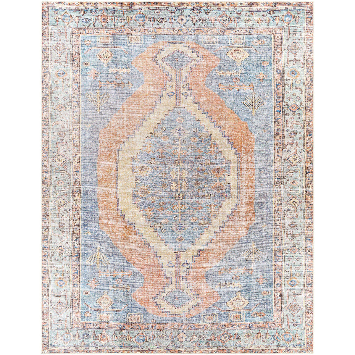 Amelie Blue & Coral Chenille Washable Rug with traditional design.