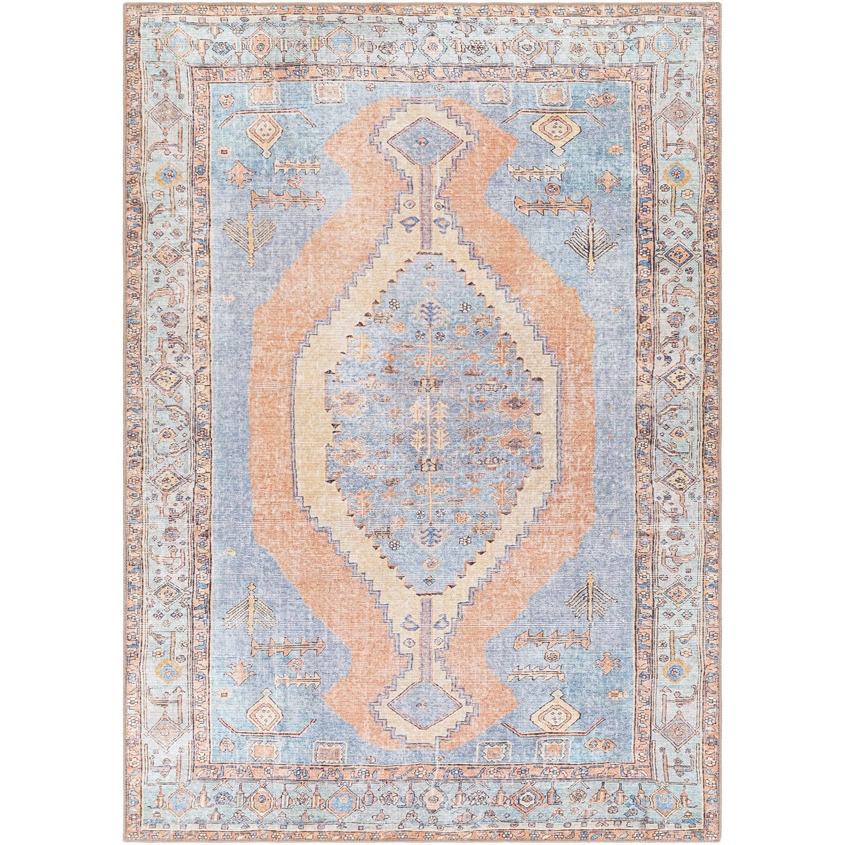 Amelie Blue & Coral Chenille Washable Rug with traditional design and intricate patterns.