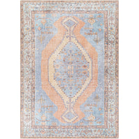 Amelie Blue & Coral Chenille Washable Rug with traditional design and intricate patterns.