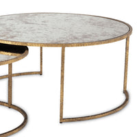 Anastasia Gold & Antique Glass Nesting Cocktail Tables with hand-textured metal base and distressed mirror tops.
