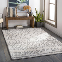 Andorra Charcoal & Beige polypropylene rug with a globally inspired geometric design on dark wood floors.