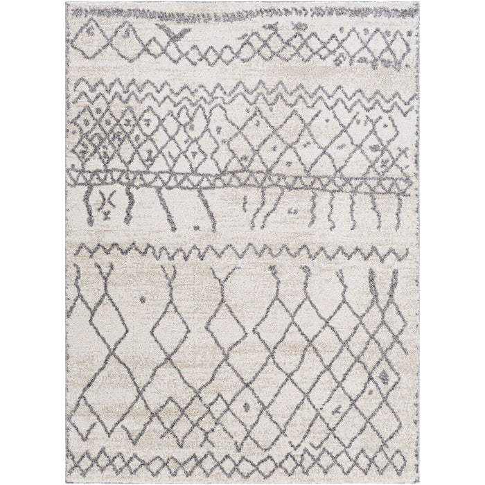 Andorra charcoal & beige polypropylene rug with global geometric patterns on a light background.