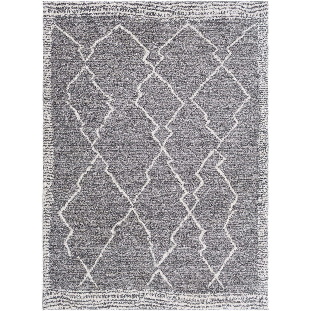 Andorra Charcoal & White polypropylene rug with a globally inspired geometric diamond pattern.