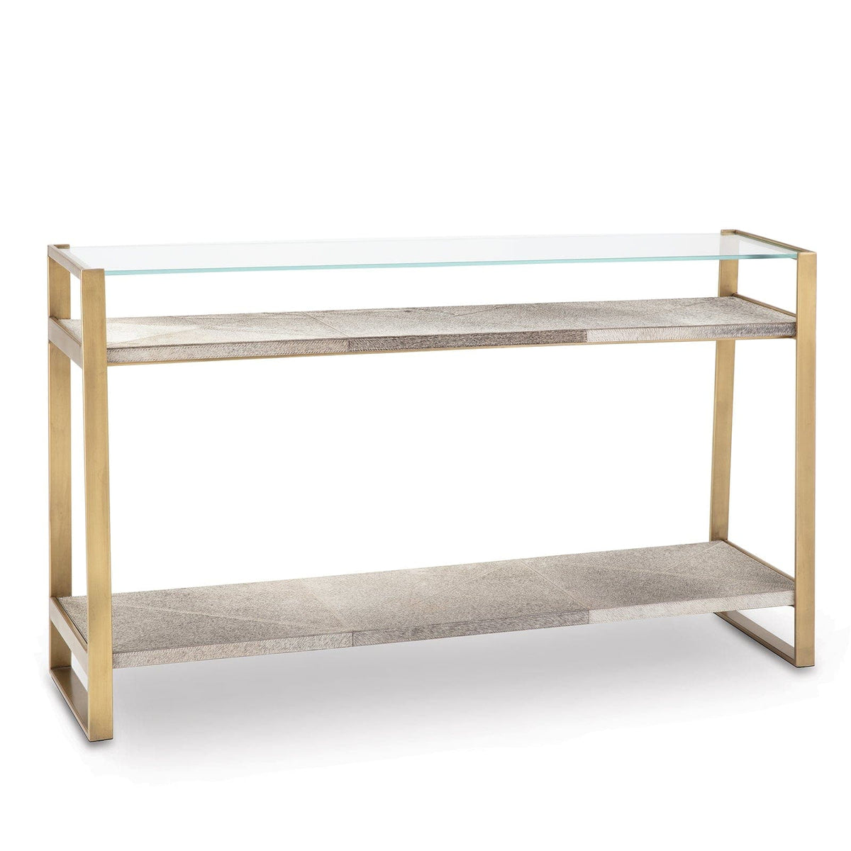 Andres Brass Hair on Hide Console with a clear glass top and two hide shelves.
