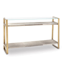 Andres Brass Hair on Hide Console with a clear glass top and two hide shelves.