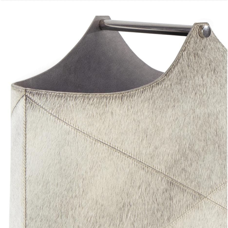 Andres Grey Hair on Hide Basket with a silver handle and visible stitching.