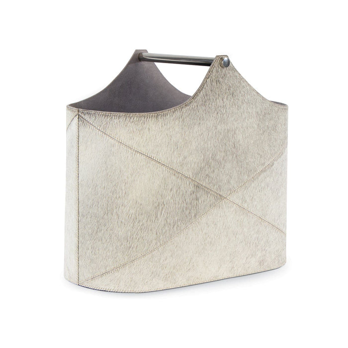 Andres Grey Hair on Hide Basket, a rectangular storage basket with a dark metal handle and visible stitching.
