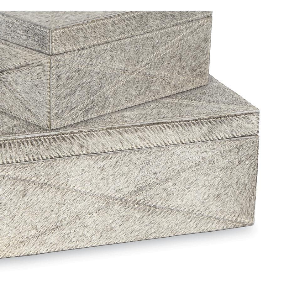Andres Grey Hair on Hide Box Set, two rectangular boxes with textured grey hide and stitched geometric patterns.