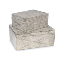 Andres Grey Hair on Hide Box Set, two rectangular storage boxes with textured grey hide and stitched accents.