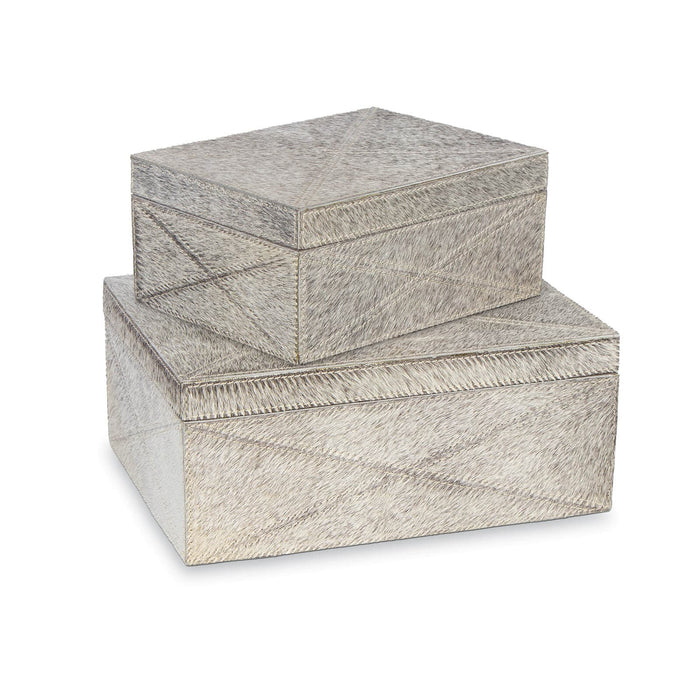 Andres Grey Hair on Hide Box Set, two rectangular storage boxes with textured grey hide and stitched accents.