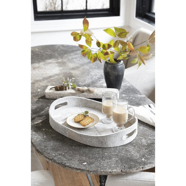 Andres Grey Hair on Hide Tray with handles, holding cookies and drinks on a stone table.