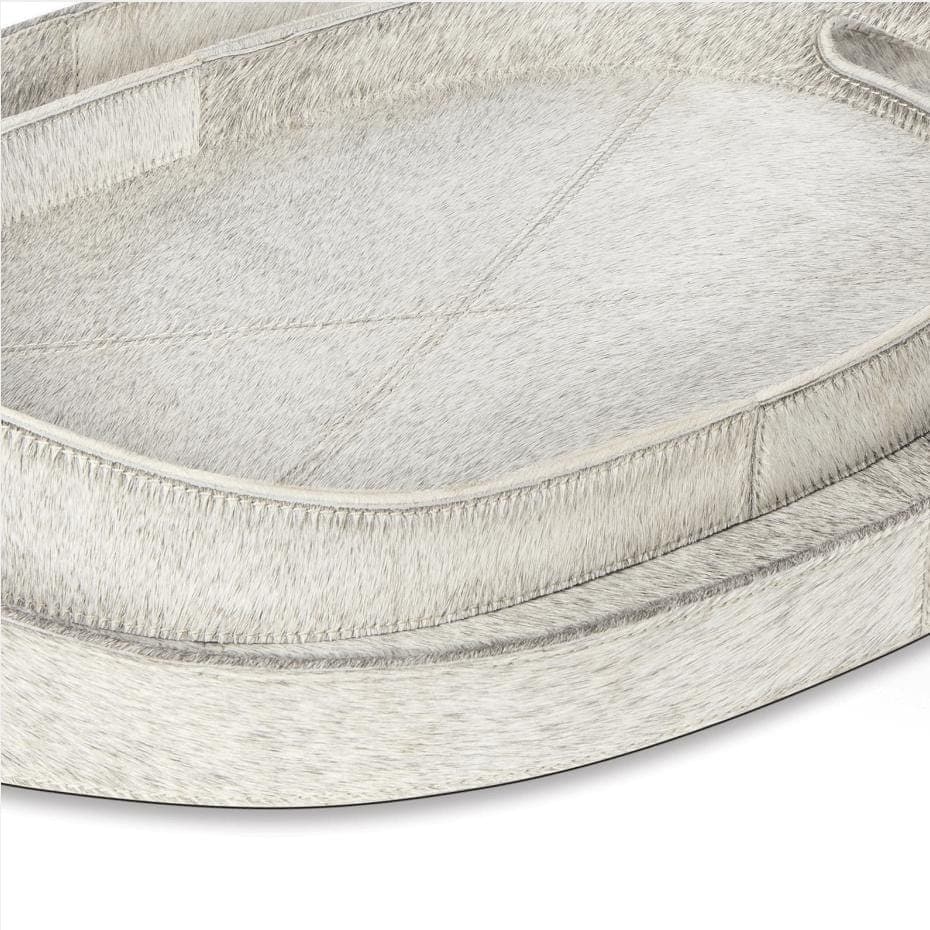 Andres Grey Hair on Hide Tray Set: two oval trays with handles, featuring natural grey and white tones.