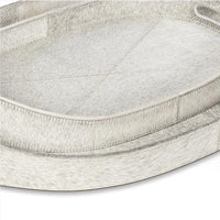 Andres Grey Hair on Hide Tray Set: two oval trays with handles, featuring natural grey and white tones.