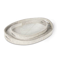Andres Grey Hair on Hide Tray Set: two oval, nested trays with handles, showcasing natural grey hide.