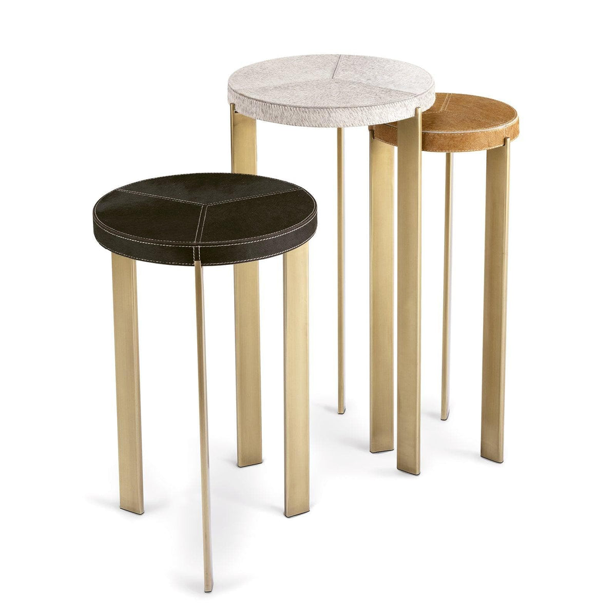 Andres Hair on Hide Trio Table Set with round tops in dark, light, and tan hide, on gold metal frames.