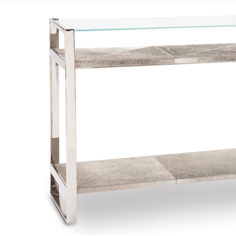 Andres Polished Nickel Hair on Hide Console with glass top and two hide shelves.