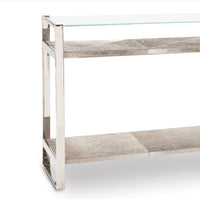 Andres Polished Nickel Hair on Hide Console with glass top and two hide shelves.
