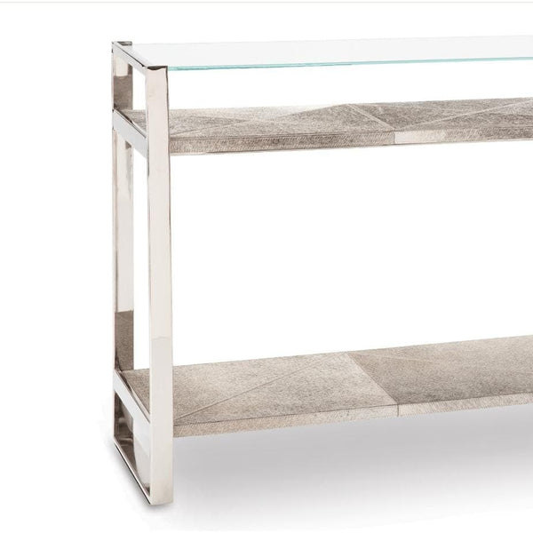 Andres Polished Nickel Hair on Hide Console with glass top and two hide shelves.