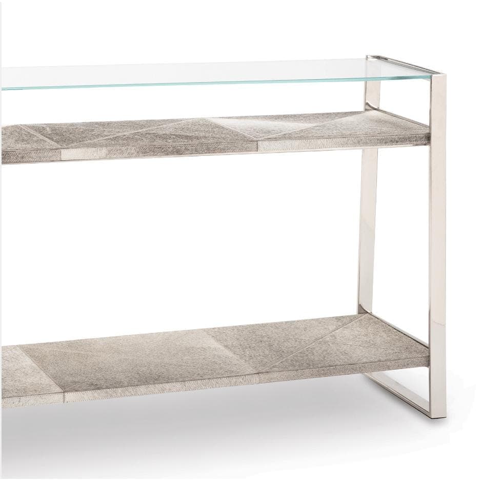 Andres Polished Nickel Hair on Hide Console with glass top and two gray hide shelves.