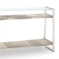 Andres Polished Nickel Hair on Hide Console with glass top and two gray hide shelves.