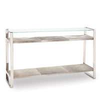 Andres Polished Nickel Hair on Hide Console with glass top and two hide shelves.