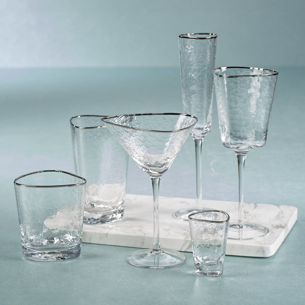 Apertivo Triangular Wine Glasses Platinum Rim, Set 4 - Glass Stem Detail | Bone & Brass
