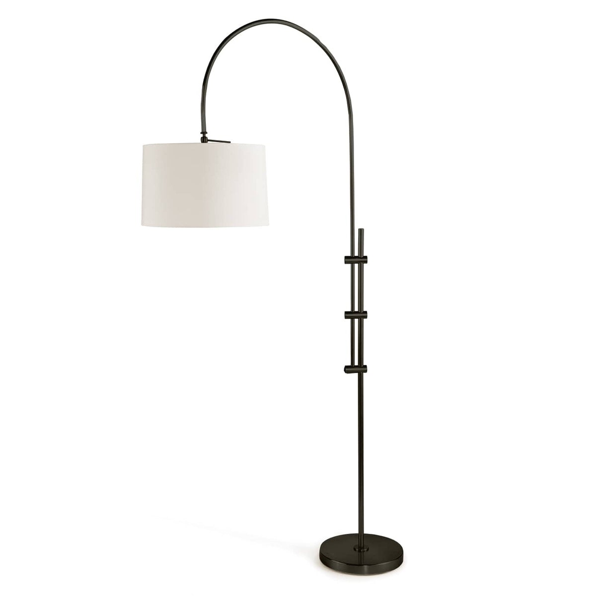 Modern 84" tall arc floor lamp with a dark metallic base and a white linen drum shade.