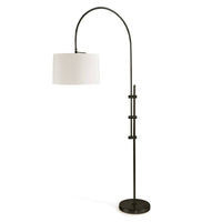 Modern 84" tall arc floor lamp with a dark metallic base and a white linen drum shade.