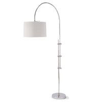 Modern arc floor lamp with a metallic adjustable base and a white linen fabric shade.
